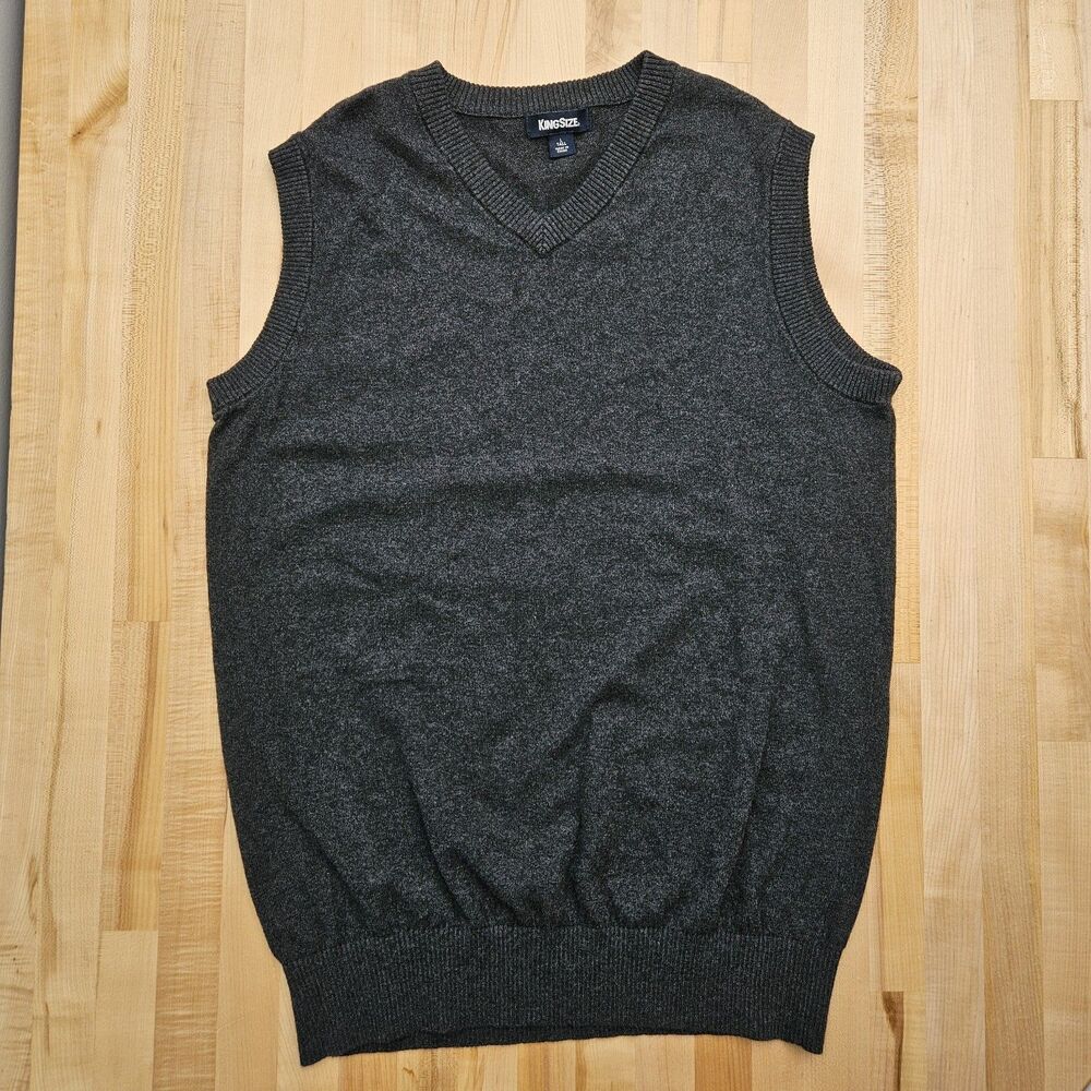 Kingsize Men’s L Big & Tall WOOL Cotton Sweater Vest V-neck Charcoal Lightweight